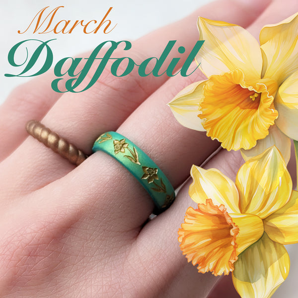 Gold Daffodil Silicone Ring, March Birth Flower on Arc 4mm