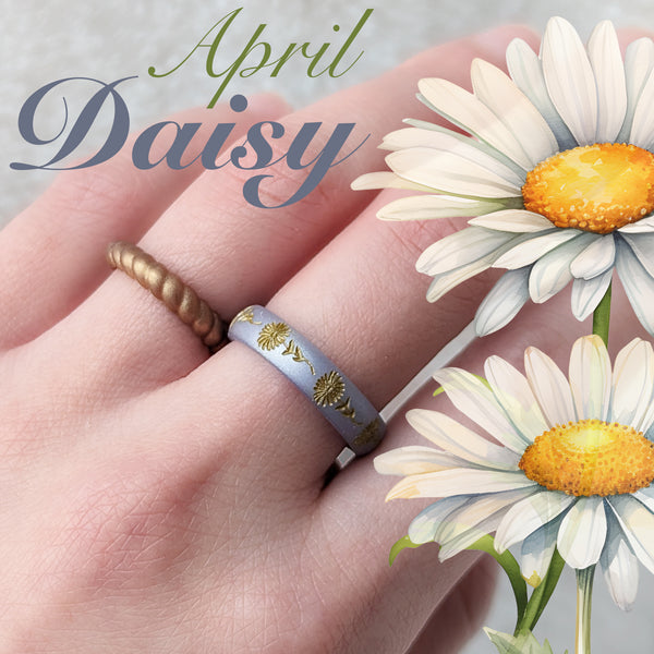Gold Daisy Silicone Ring, April Birth Flower on Arc 4mm