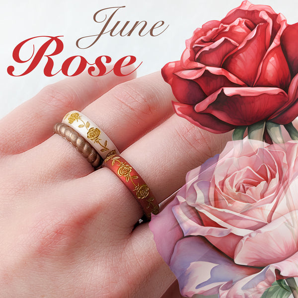 Gold Rose Silicone Ring, June Birth Flower on Arc 4mm