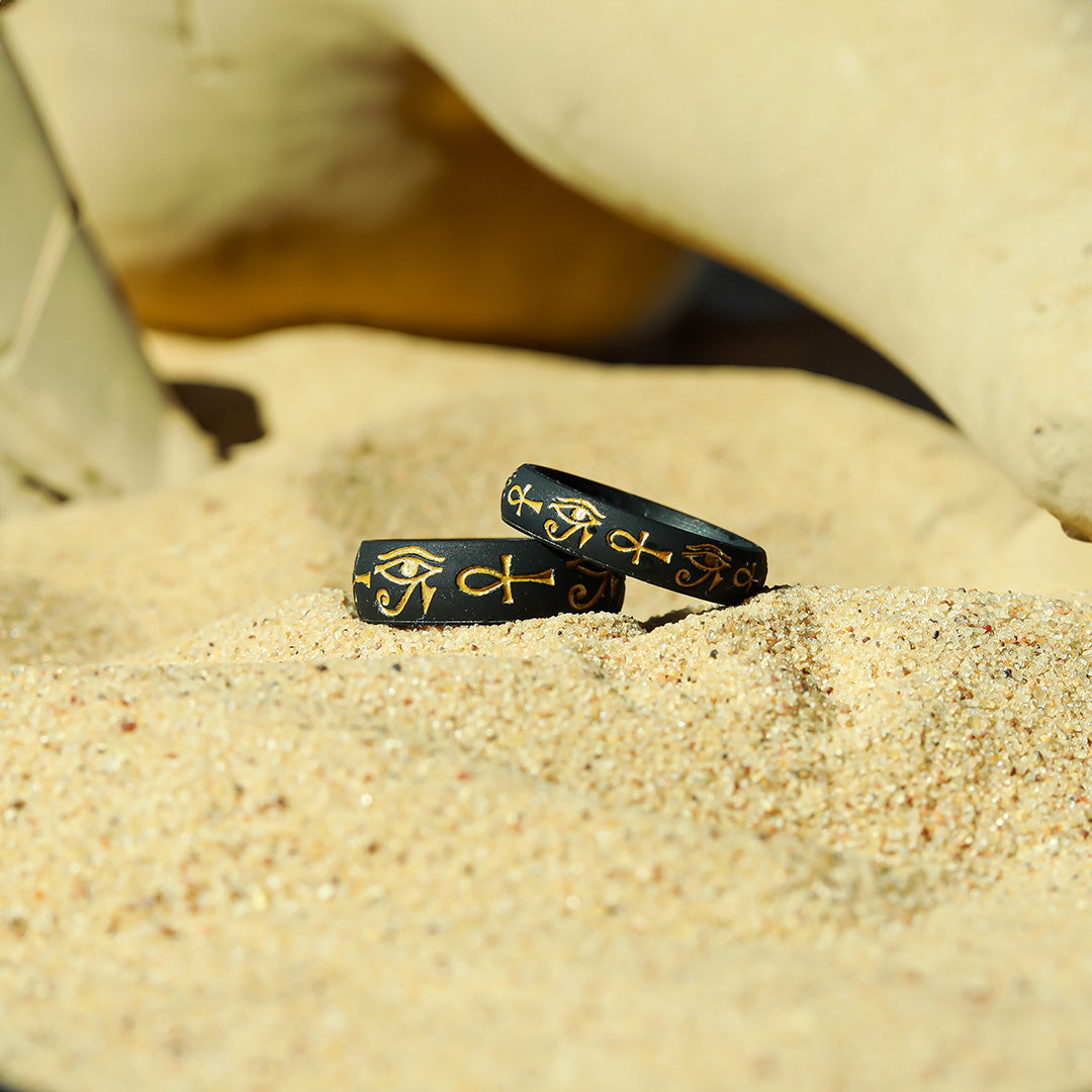 Gold Eye of Horus & Ankh Silicone Ring on Arc 6mm