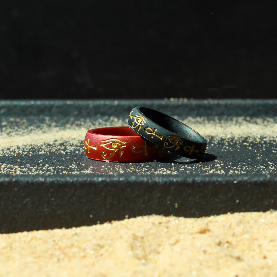 Gold Eye of Horus & Ankh Silicone Ring on Arc 6mm