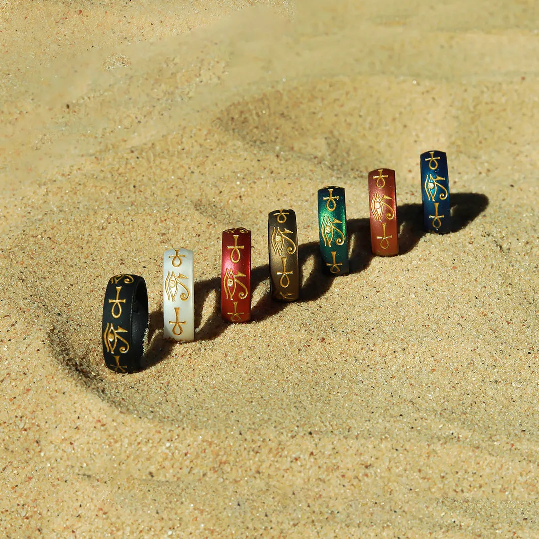 Gold Eye of Horus & Ankh Silicone Ring on Arc 6mm