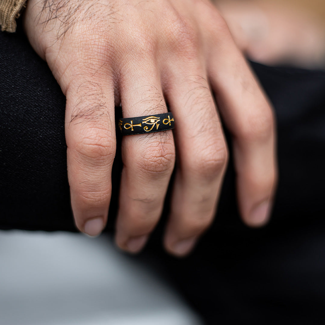 Gold Eye of Horus & Ankh Silicone Ring on Arc 6mm