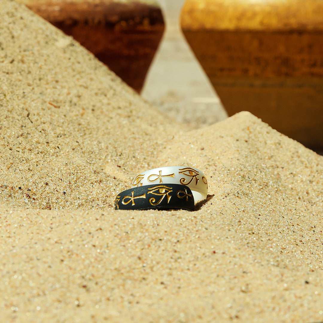Gold Eye of Horus & Ankh Silicone Ring on Arc 6mm