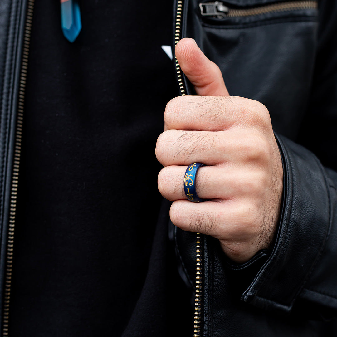 Gold Eye of Horus & Ankh Silicone Ring on Arc 6mm