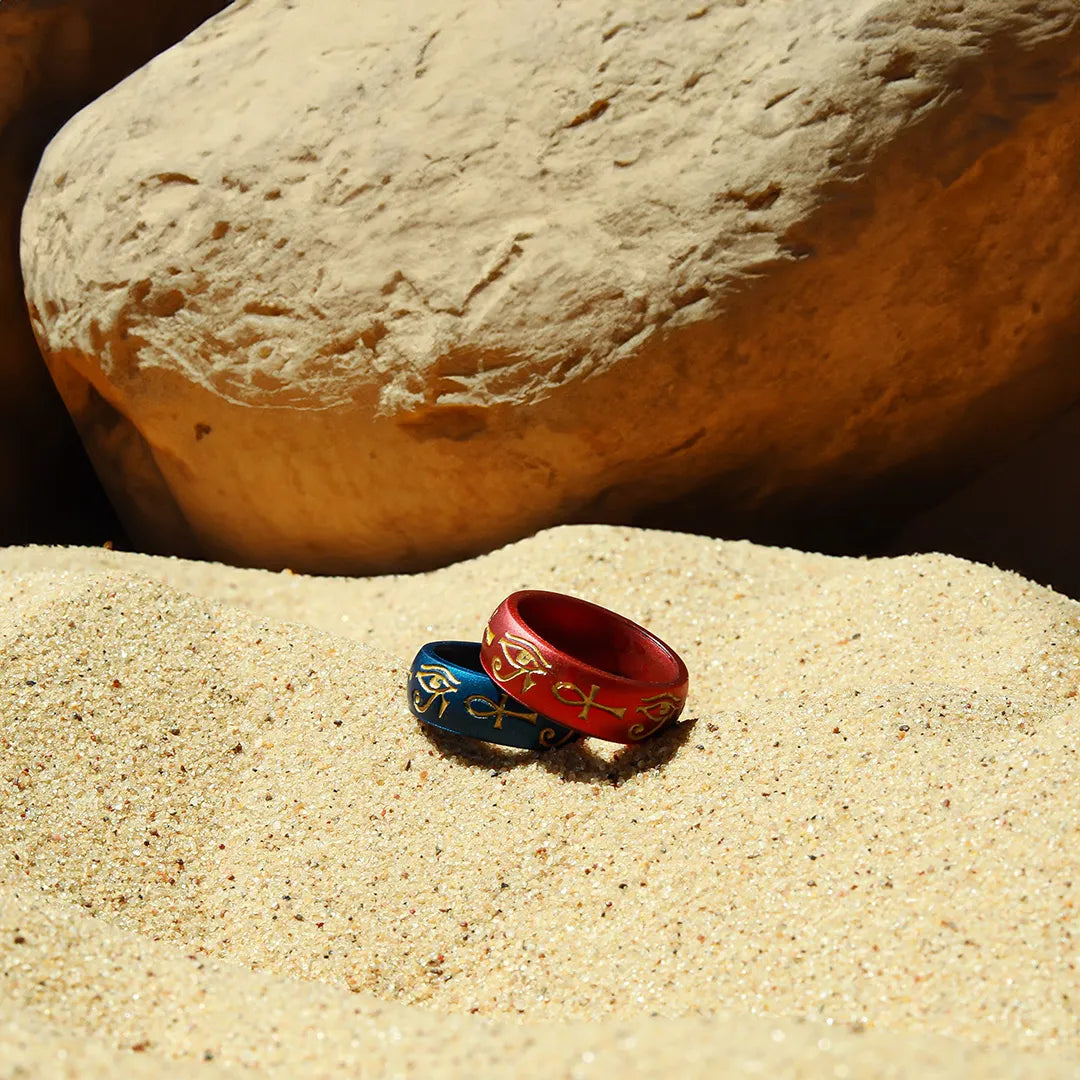 Gold Eye of Horus & Ankh Silicone Ring on Arc 6mm