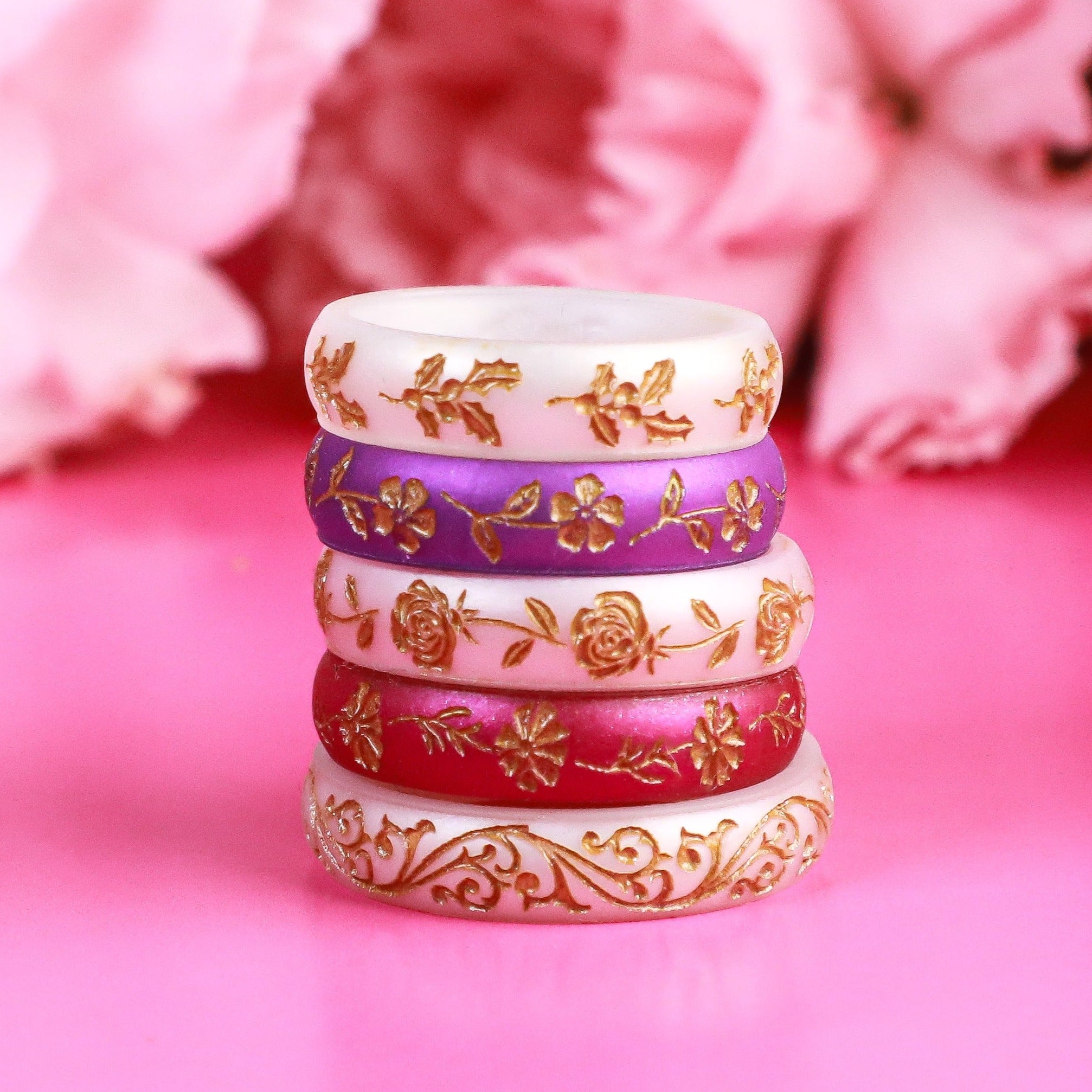 Gold Rose Silicone Ring, June Birth Flower on Arc 4mm