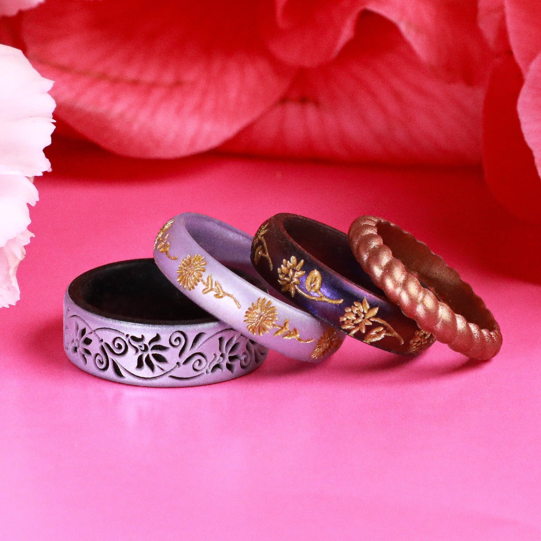 Gold Chrysanthemum Silicone Ring, November Birth Flower on Arc 4mm