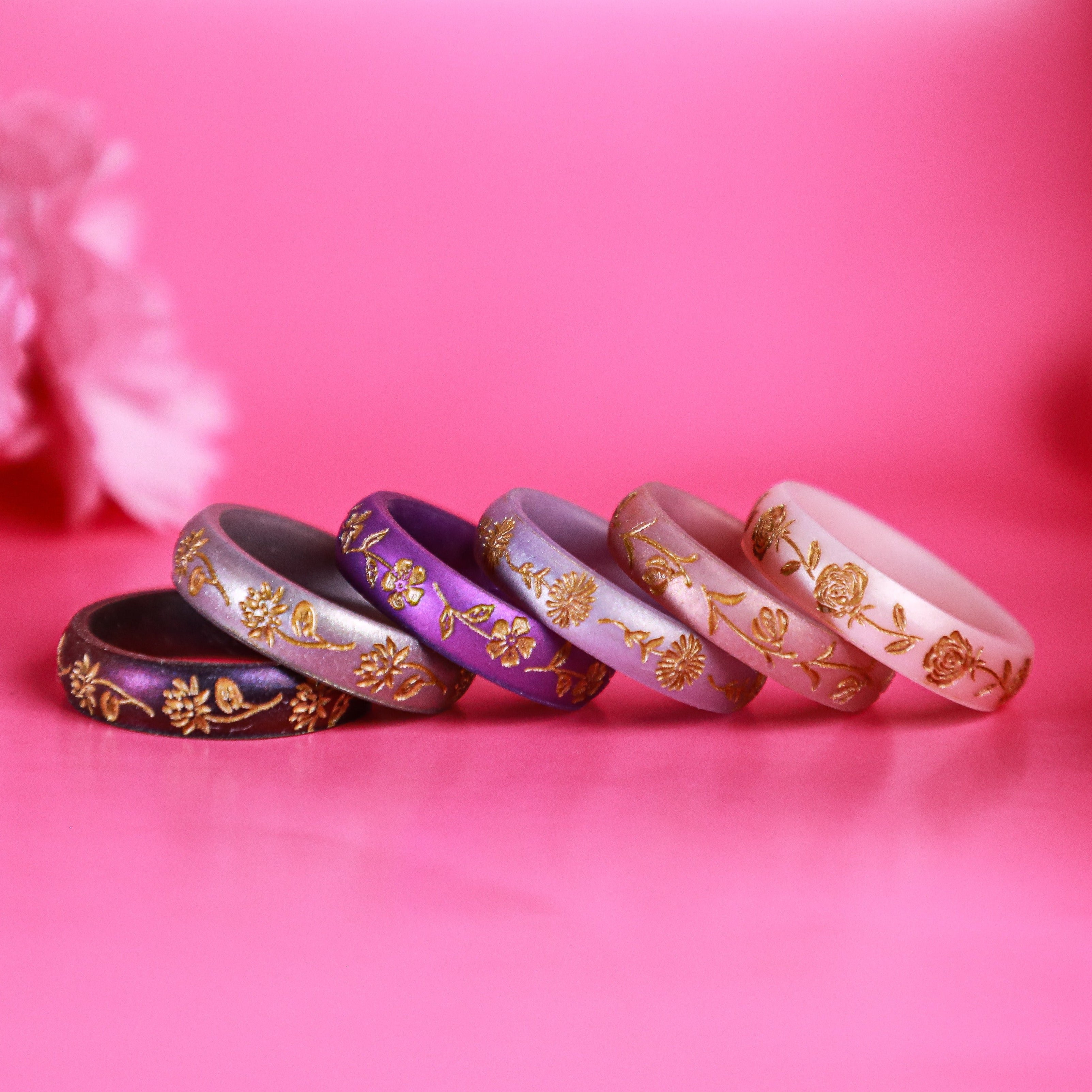 Gold Rose Silicone Ring, June Birth Flower on Arc 4mm