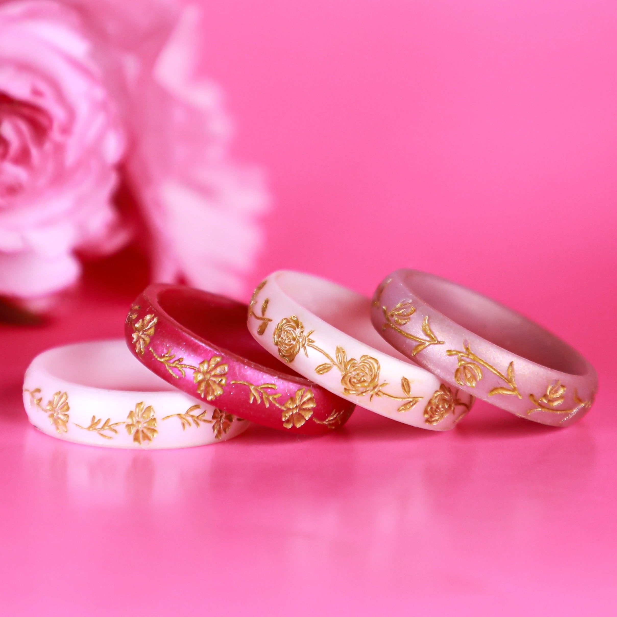Gold Rose Silicone Ring, June Birth Flower on Arc 4mm