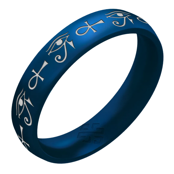 Silver Eye of Horus & Ankh Silicone Ring on Arc 4mm