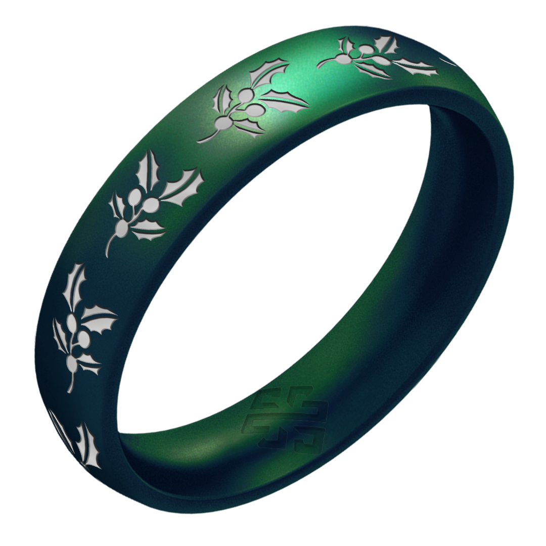 Silver Holly Silicone Ring, December Birth Flower on Arc 4mm